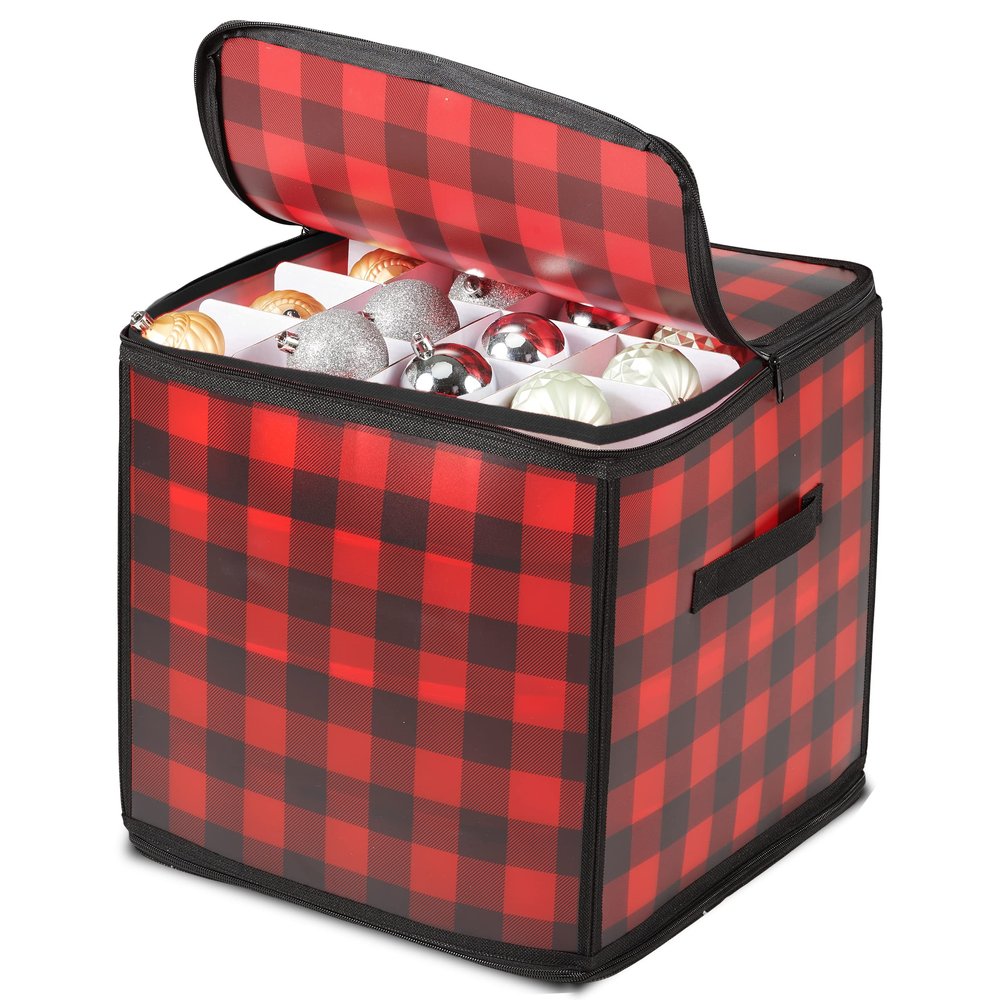 ZOBER Christmas Ornament Storage Box Plastic - Stores 64 3" Ornaments with Individual Trays - Ornament Organizer Storage Box, Durable Christmas Containers Holder - Plaid