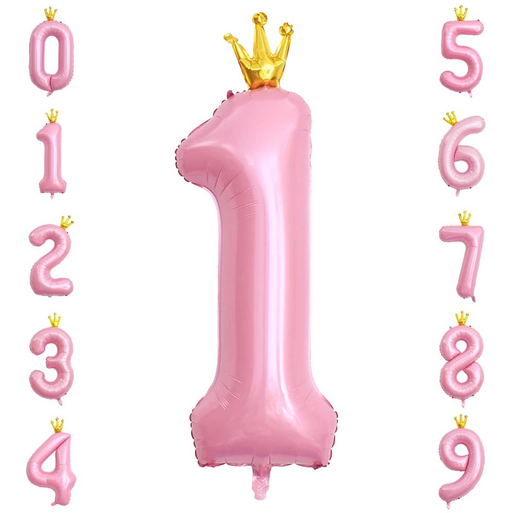 40 Inch Crown Pink Number 1 Balloon, Big Conjoined Light Pink Foil Mylar Helium 1 Balloon | 1st Birthday Balloon Pink Princess Theme First Birthday Party Decorations Supplies