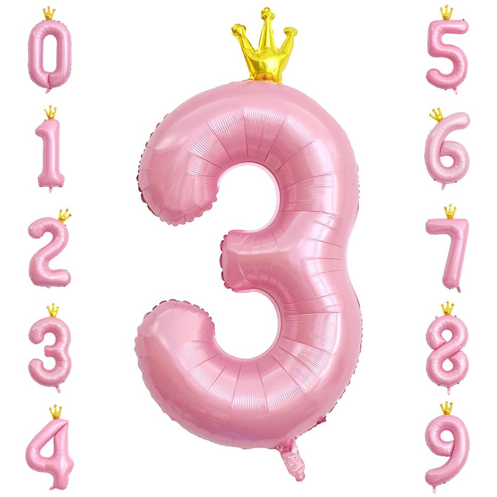 40 Inch Crown Pink Number 3 Balloon, Big Conjoined Light Pink Foil Mylar Helium 3 Balloon for 3rd Birthday Party Decorations Pink Princess Theme Party Decorations Supplies Anniversary Decor