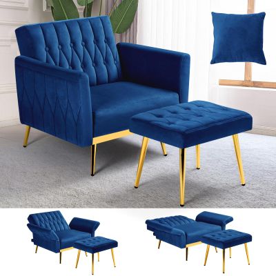 ACMEASE Velvet Accent Chair with Adjustable Armrests and Backrest, Button Tufted Lounge Chair, Single Recliner Armchair with Ottoman and Pillow for Living Room, Bedroom, Blue