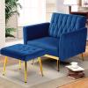 ACMEASE Velvet Accent Chair with Adjustable Armrests and Backrest, Button Tufted Lounge Chair, Single Recliner Armchair with Ottoman and Pillow for Living Room, Bedroom, Blue view 2