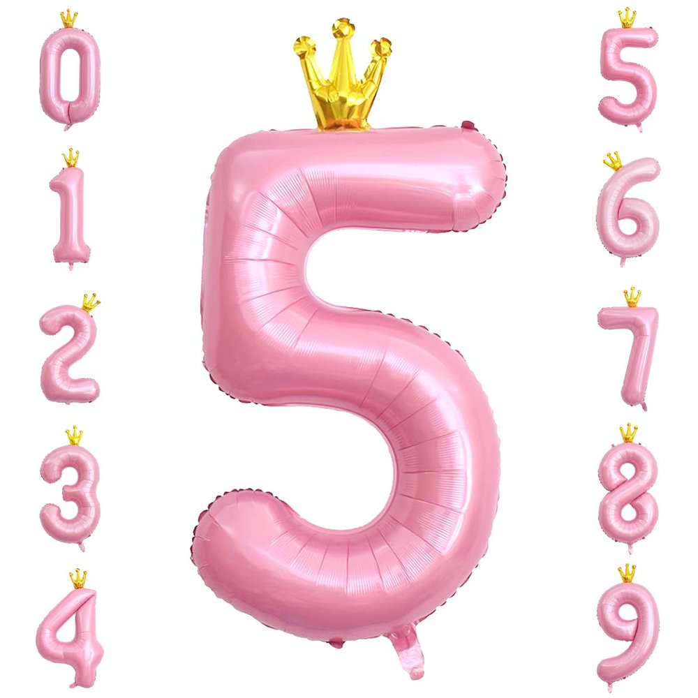 40 Inch Crown Pink Number 5 Balloon, Big Conjoined Light Pink Foil Mylar Helium 5 Balloon for 5th Birthday Party Decoration Pink Princess Theme Party Supplies Favors Anniversary Decor