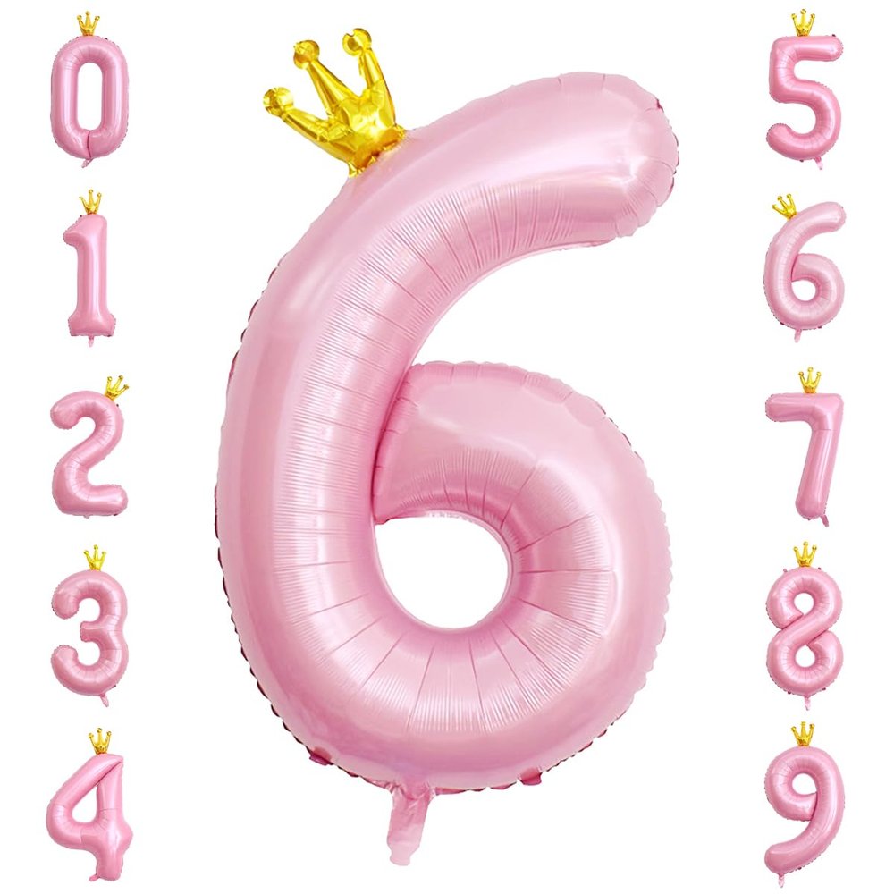 40 Inch Crown Pink Number 6 Balloon, Big Conjoined Light Pink Foil Mylar Helium 6 Balloon for 6th Birthday Party Decorations Pink Princess Theme Party Decorations Supplies Anniversary Decor