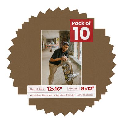 12x16 Mat for 8x12 Photo - Precut Aged Oak Brown Picture Matboard for Frames Measuring 12 x 16 Inches - Bevel Cut Matte to Display Art Measuring 8 x 12 Inches - Acid Free Pack of TEN MATS