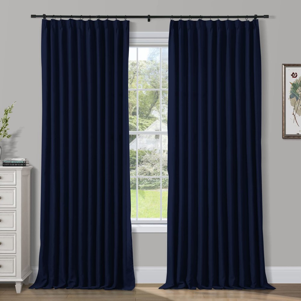 Frelement Blackout Thermal Insulated Curtains Indoor Pinch Pleat Curtains 96 Inch Length Noise Reduction Window Curtain Panels for Bedroom, Navy, 84" W x 96" L, 1 Panel
