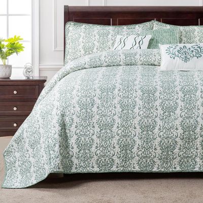 Home Soft Things Mayfair Printed Microfiber Quilts Coverlet 6 Piece Bed Spread Set, Oversized King 122" x 106", Light Green(Lime Mint) Soft Lightweight Reversible Bedding Set, Matching Shams Pillows