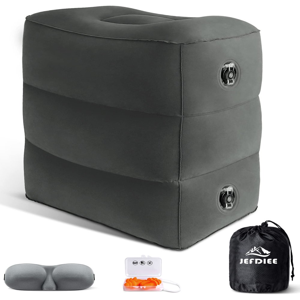 JefDiee Inflatable Travel Foot Rest Pillow, Kids Airplane Bed, Adjustable 3 Layers Height Leg Rest Pillow, Adults Travel Essentials Great for Airplane, Office, Home, Trains, Cars (Dark Grey)