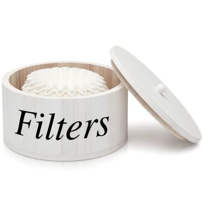 Chunful Coffee Filter Container Wooden Coffee Filter Storage Holder with Lid Farmhouse Bar Accessories Rustic Station Organizer for Storing Various Papers Tea Bags Beans, White