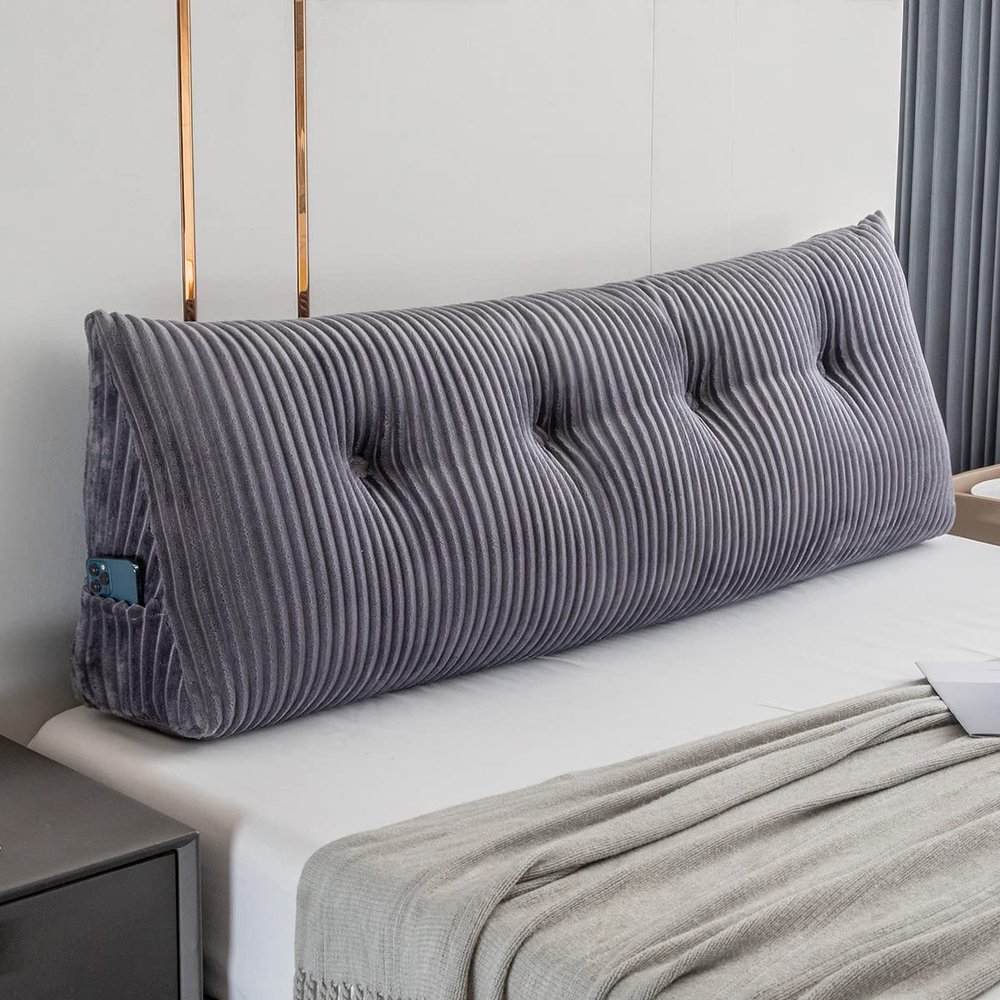 Activance Large Triangular Headboard Wedge Bed Rest Reading Pillow Backrest Positioning Support Bolster Cushion with Removable Cover (Grey, Full: 54x8x20 Inches)