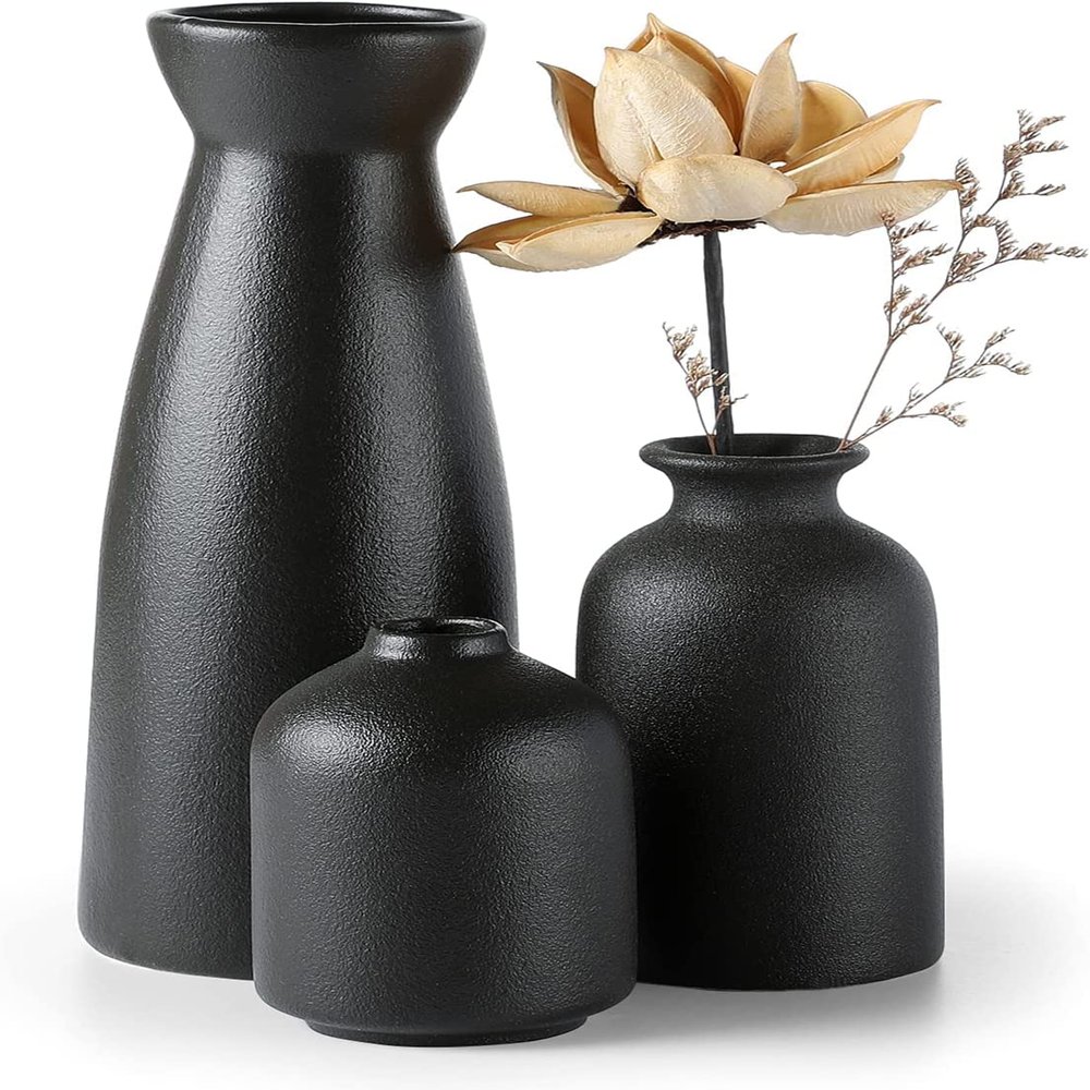CEMABT Black Ceramic vase Set-3 Small Flower vases for Decor,Modern Boho Farmhouse Home Decor,Decorative vase for Pampas Grass&Dried Flowers,idea Shelf,Table,Bookshelf Entryway- Distressed