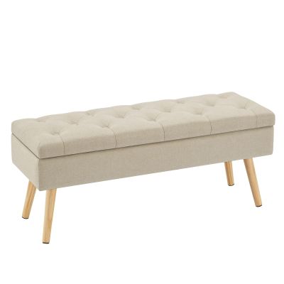 Gitrah Storage Bench Entryway Bench End of Bed Bench Ottoman Upholstered Linen Bedroom Bench Tufted Bench with Wooden Legs 40" Beige