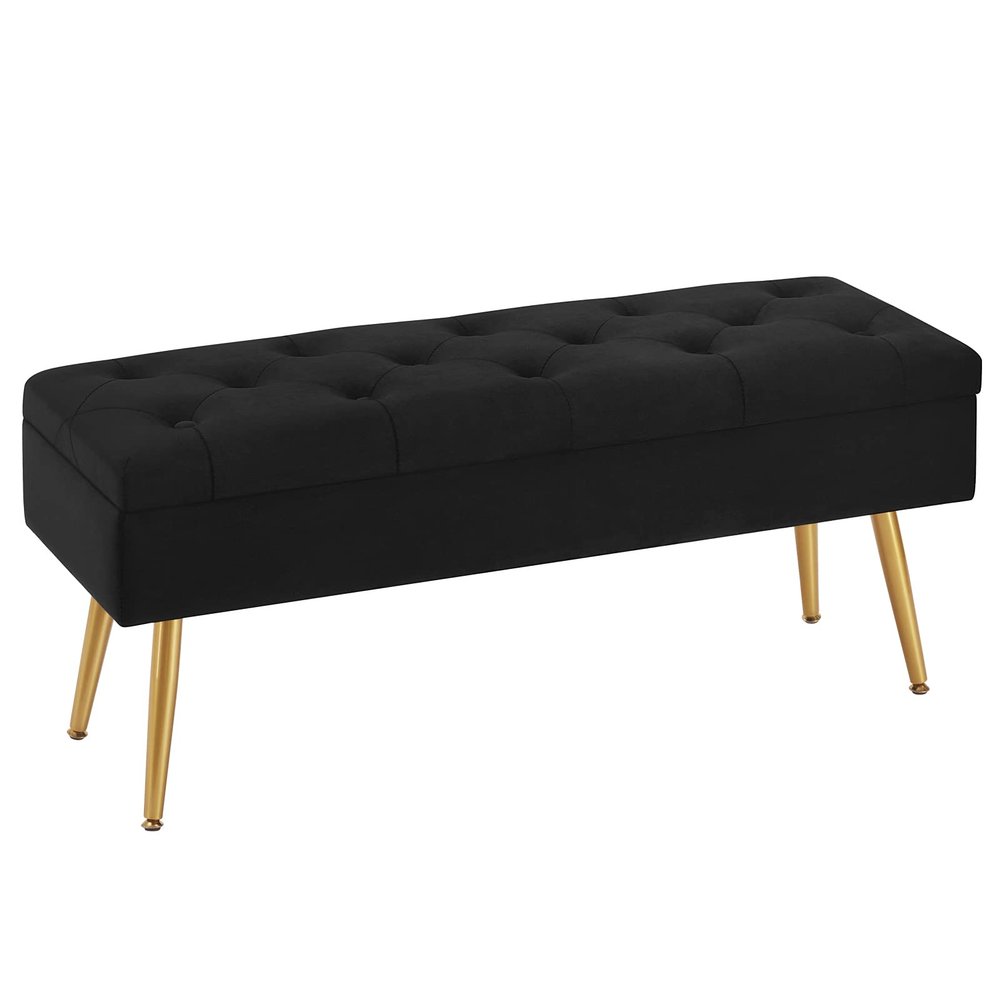 Gitrah Storage Bench Entryway Bench End of Bed Bench Ottoman Upholstered Velvet Bedroom Bench Tufted Bench with Golden Legs 40" Black