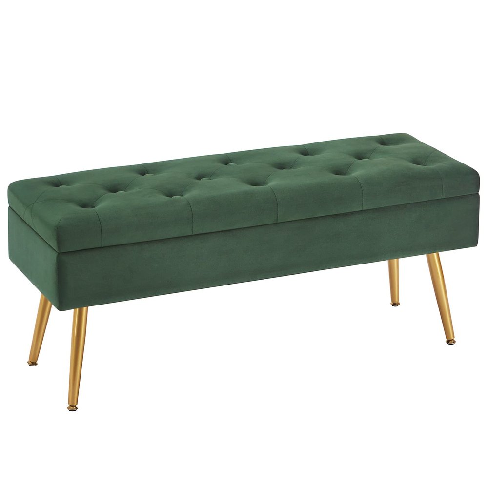 Gitrah Storage Bench Entryway Bench End of Bed Bench Ottoman Upholstered Velvet Bedroom Bench Tufted Bench with Golden Legs 40" Dark Green
