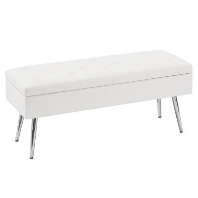 Gitrah Storage Bench Entryway Bench End of Bed Bench Ottoman Upholstered PU Leather Bedroom Bench Tufted Bench with Metal Legs 40" White