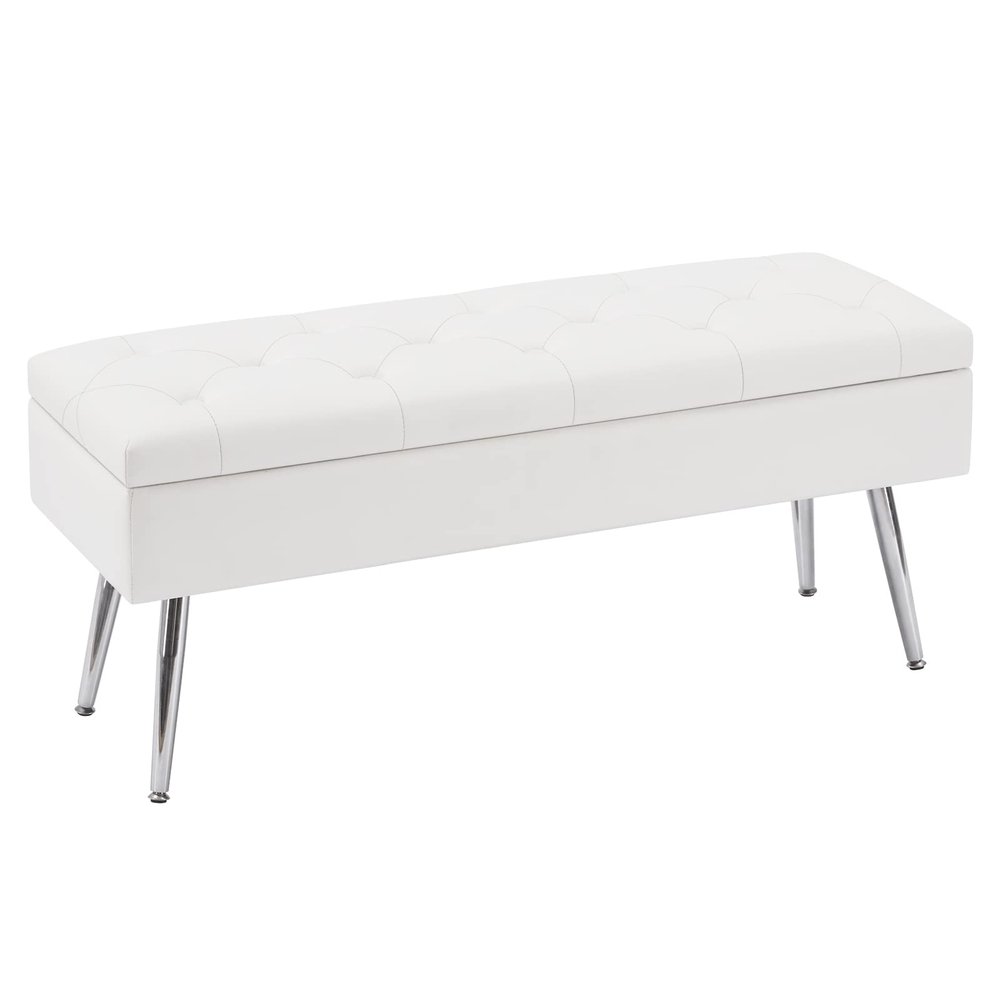 Gitrah Storage Bench Entryway Bench End of Bed Bench Ottoman Upholstered PU Leather Bedroom Bench Tufted Bench with Metal Legs 40" White