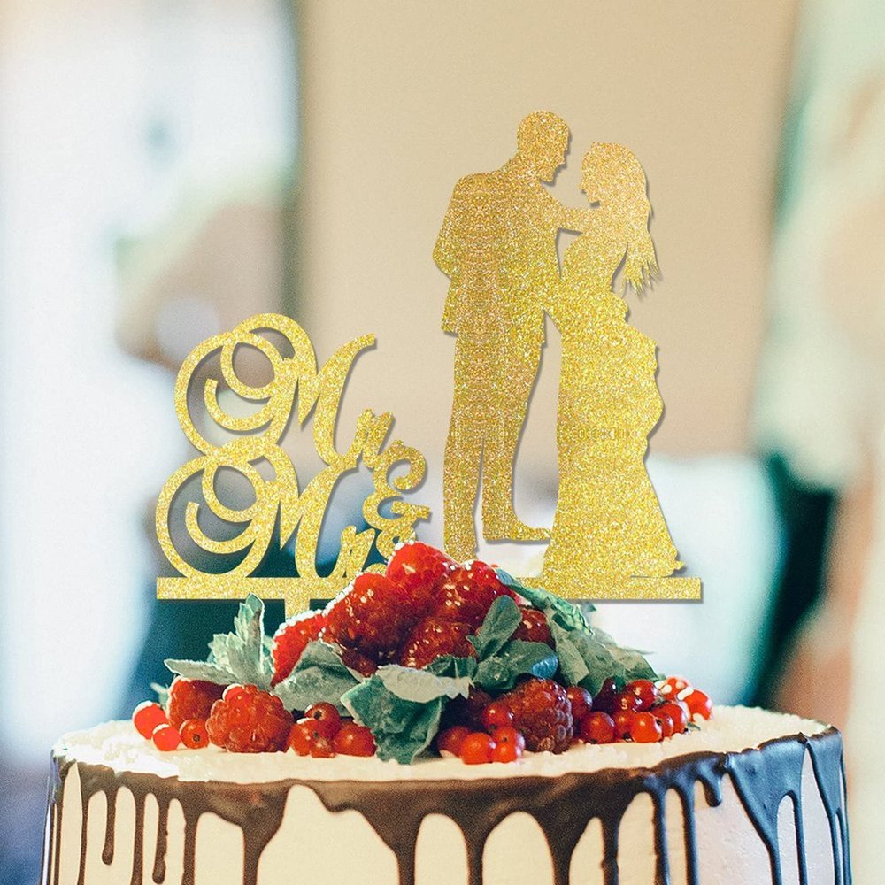 Vinisong Wedding Cake Toppers Personalized Bride and Groom Cake Topper Mr & Mrs Cake Topper Gold Wooden Cake Decoration Engagement Wedding Anniversary Party Supplies(10)