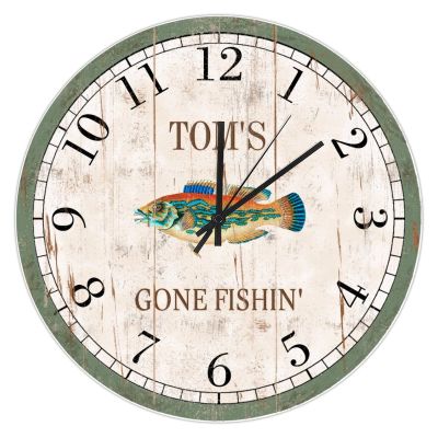 Personalized Gone Fishin' Wall Clock Silent Non Ticking 10" Battery Operated Round Vintage Red Snapper Wood Clocks Home Man Cave Office Kitchen Classroom Wall Decor Custom Fishermen Gift for Him