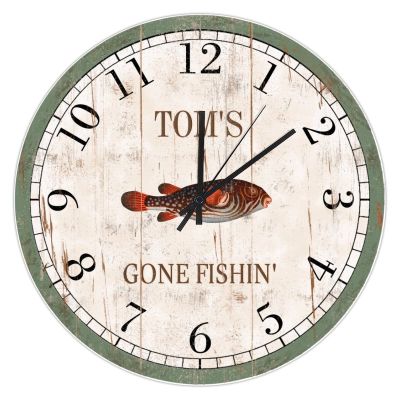 Personalized Gone Fishin' Wall Clock Silent Non Ticking 10" Battery Operated Round Vintage Red Porgy Wood Clocks Home Man Cave Office Kitchen Classroom Wall Decor Custom Fishermen Gift for Him