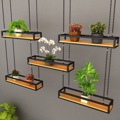 Ceiling Shelf Floating Shelves, Creative Industrial Rectangle Frame Hanging Basket Kitchen Storage Pot Pan Rack Flower Stand for Bar Restaurant Decorative, Solid Wood and Metal Iron