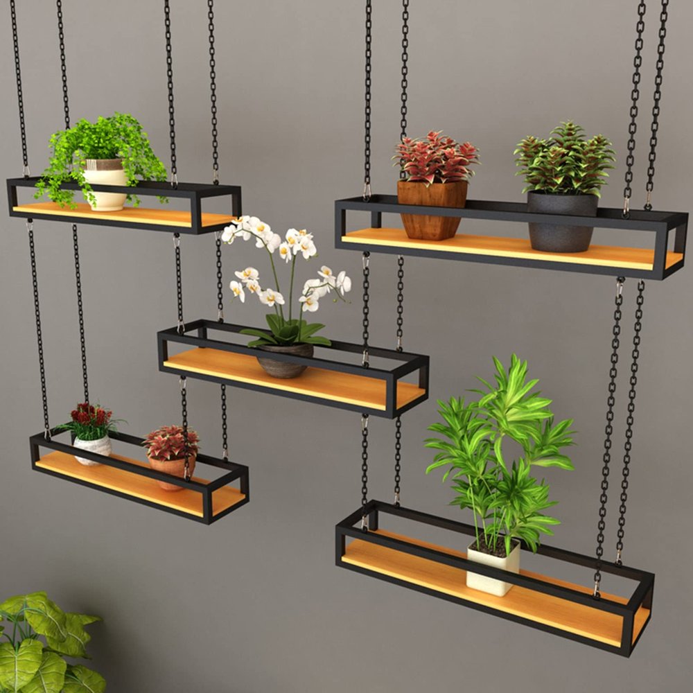 Ceiling Shelf Floating Shelves, Creative Industrial Rectangle Frame Hanging Basket Kitchen Storage Pot Pan Rack Flower Stand for Bar Restaurant Decorative, Solid Wood and Metal Iron