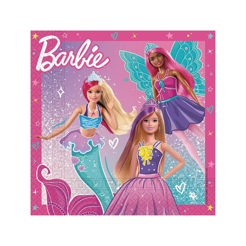Procos - Paper Napkins FSC Barbie Fantasy (33 x 33 cm, Double Veil), 20 Pieces, Pink, Light Blue, 94568