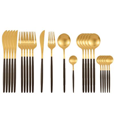 Silverware Flatware Cutlery Set, 24Pcs Matte Dinnerware Set 18/10 Stainless Steel Knife Fork Spoon Cutlery Set Kitchen Silverware Flatware Tableware Set (Color : Matte black gold)