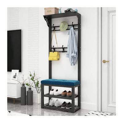 GXFWJD Coat Rack Shoe Bench Industrial Hall Tree with Storage Shelf Entryway Bench with Hooks 4 in 1 Design with Metal Frame Easy Assembly (Color : Black Blue, Size : 60x30x172cm)