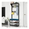 GXFWJD Coat Rack Shoe Bench Industrial Hall Tree with Storage Shelf Entryway Bench with Hooks 4 in 1 Design with Metal Frame Easy Assembly (Color : Black Blue, Size : 60x30x172cm) view 1