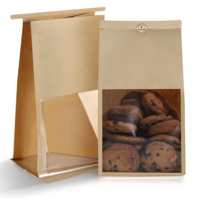 Aekahtay 50pcs Bakery Bags with Window, 5.1x4.3x11 Inches Cookie Bags for Packaging, Brown Kraft Paper Tin Tie Tab Lock Bag for Bun, Candy, Nuts, Coffee Bean, Cookie for Gift Giving