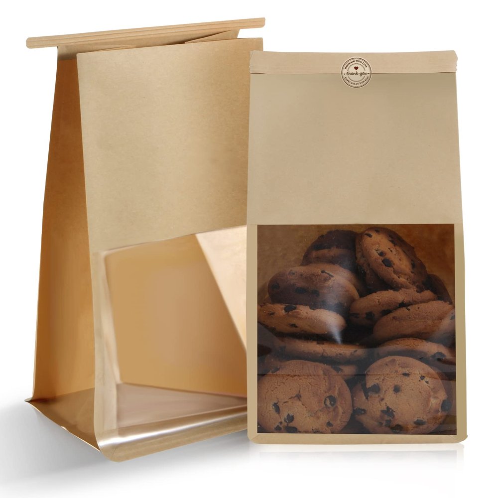 Aekahtay 50pcs Bakery Bags with Window, 5.1x4.3x11 Inches Cookie Bags for Packaging, Brown Kraft Paper Tin Tie Tab Lock Bag for Bun, Candy, Nuts, Coffee Bean, Cookie for Gift Giving