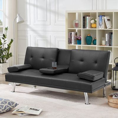Anwick Modern Leather Futon Sofa Bed,Convertible Folding Couch Recliner Sleeper Loveseat for Small Space,Apartment,Office,Dorm,with Cup Holders and Removable Armrest (Black)