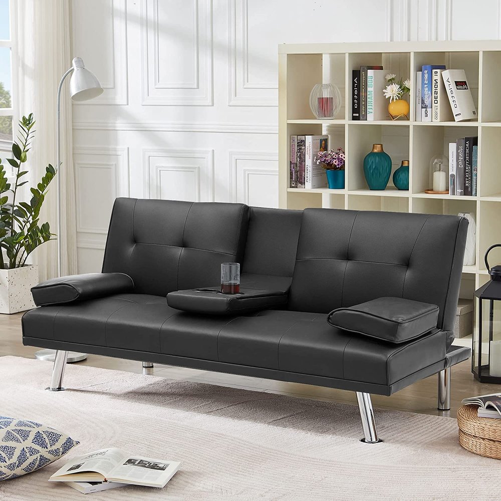 Anwick Modern Leather Futon Sofa Bed,Convertible Folding Couch Recliner Sleeper Loveseat for Small Space,Apartment,Office,Dorm,with Cup Holders and Removable Armrest (Black)