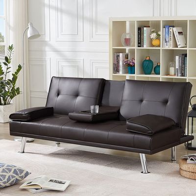 Anwick Modern Leather Futon Sofa Bed,Convertible Folding Couch Recliner Sleeper Loveseat for Small Space,Apartment,Office,Dorm,with Cup Holders and Removable Armrest (Brown)