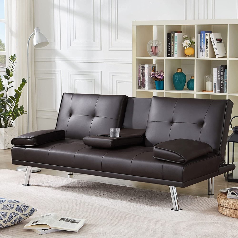 Anwick Modern Leather Futon Sofa Bed,Convertible Folding Couch Recliner Sleeper Loveseat for Small Space,Apartment,Office,Dorm,with Cup Holders and Removable Armrest (Brown)