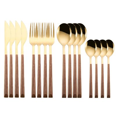 Silverware Flatware Cutlery Set, 16pcs Stainless Steel Imitation Wooden Handle Cutlery Set Dinnerware Tableware Knife Fork Tea Spoon Silverware set (Color : Gold)