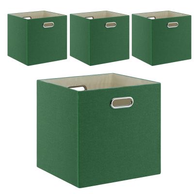 Fboxac Cube Storage Bins 1313 Linen Foldable Box with Handles, Collapsible Organization Basket Set of 4 Large Capacity Drawer for Closet Shelf Cabinet Bookcase Bedroom, Grass Green