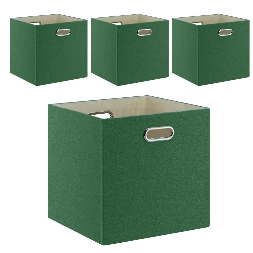 Fboxac Cube Storage Bins 1313 Linen Foldable Box with Handles, Collapsible Organization Basket Set of 4 Large Capacity Drawer for Closet Shelf Cabinet Bookcase Bedroom, Grass Green