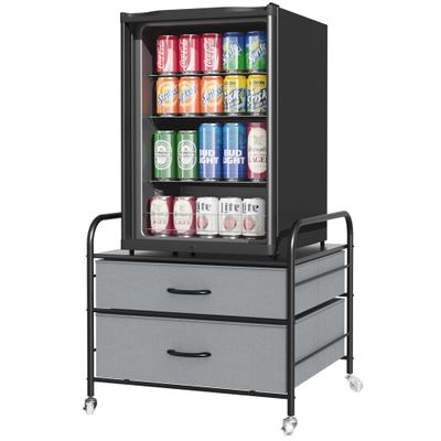 DHMAKER Mini Fridge Stand with Storage, 2 Drawer Fridge Organizer with Metal Frame, Over Refrigerator Stand with 4 Swivel Wheels, Microwave Fridge Cart for Doorm Kitchen