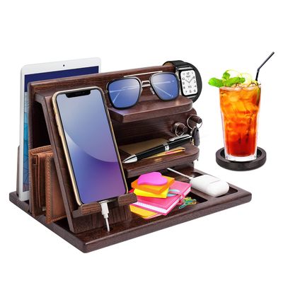 Wood Phone Docking Station - Gifts for Men Desk or Nightstand Organizer - Birthday Gifts for Husband, Fathers Day for Dad - Anniversary Idea from Wife - Key Holder, Stand Wallet, Watch & Essentials