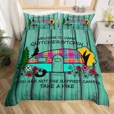 Erosebridal Camping Decor Duvet Cover King,Camper Bedding Set Green Wooden Plank Cabin Comforter Cover for Girls Women,Rustic Happy Camping Quilt Cover Retro Camp Travel Car Bedroom Decor