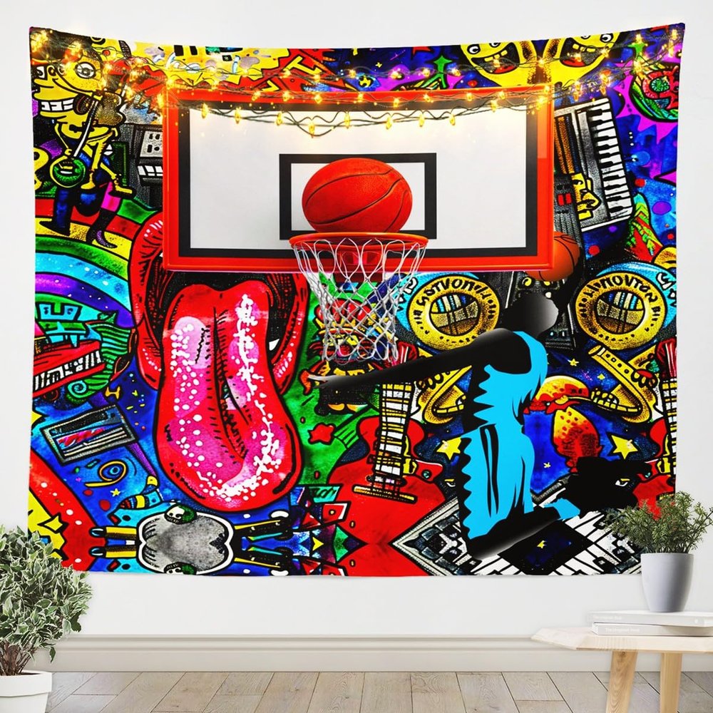Basketball Tapestries Sports Gaming Tapestry Colorful Graffiti Wall Hanging Art Bedroom Aesthetic Funny Tapestries for Men Boys Living Room College Dorm 59.1x59.1