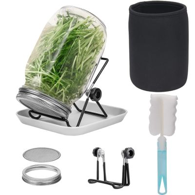 Lulonpon Sprouting Kit, One Pieces Seed Sprouting Jar Kit, Wide Mouth Quart Mason Jars with 304 Stainless Steel Screen Sprout Lids,86mm Caliber with Tray,Stand,Shading Bag and Brush,for Bean Sprouts