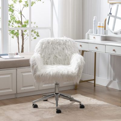 Goujxcy Upholstered Velvet Seashell Accent Chair, Rolling Swivel Office Vanity Chair Cute Decorative, Armless Stylish Comfy, Adjustable Height for Girls Bedroom/Study Room (White2)