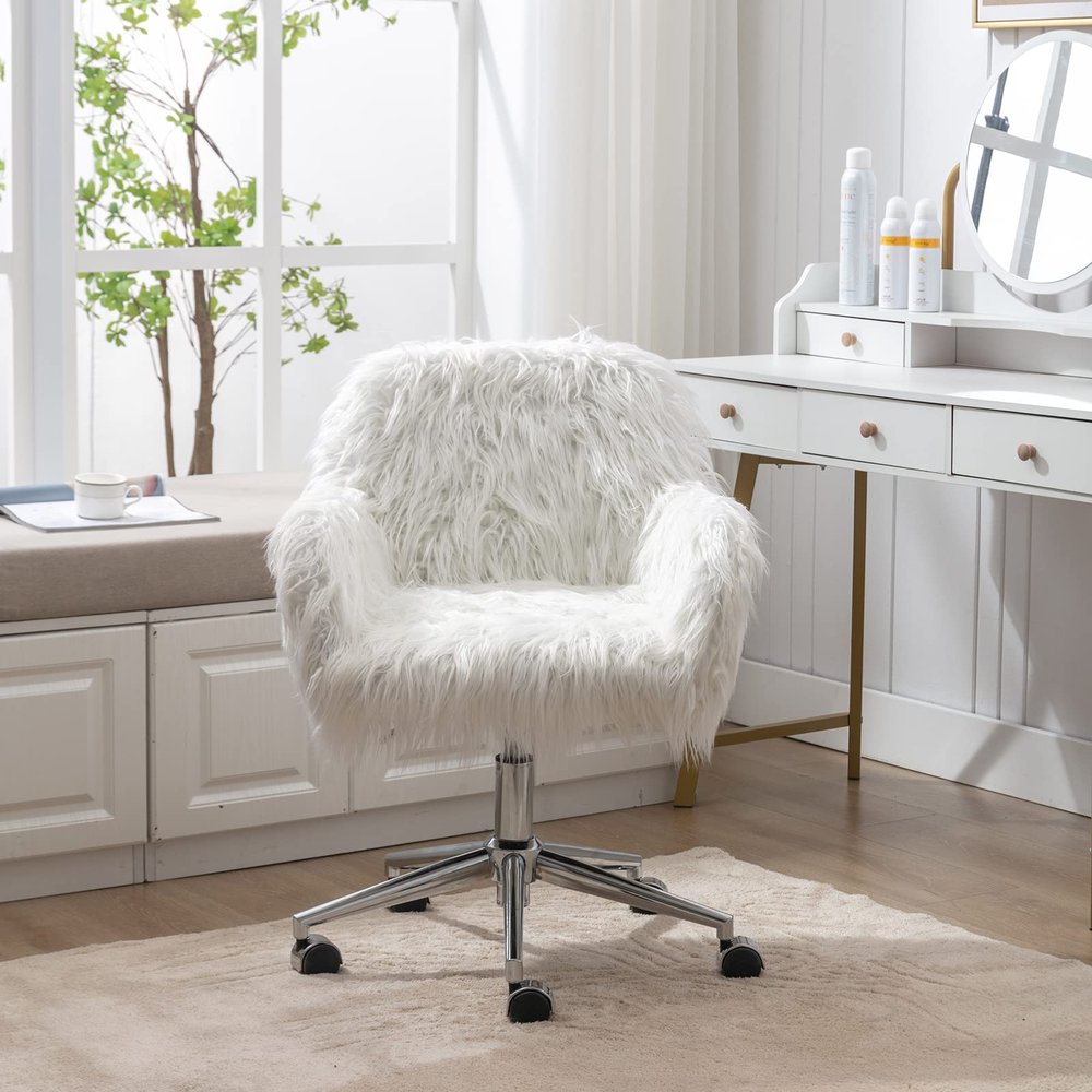 Goujxcy Upholstered Velvet Seashell Accent Chair, Rolling Swivel Office Vanity Chair Cute Decorative, Armless Stylish Comfy, Adjustable Height for Girls Bedroom/Study Room (White2)