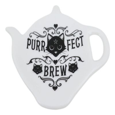 Ebros Wicca Occult Pentagram Crescent Moon Eyes Purrfect Brew Feline Black Cats Ceramic Porcelain Tea Spoon Or Bag Holder Rest Plate In Petite Teapot Shape Home Kitchen Decor Alchemy Magic Accent (1)