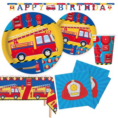 Oojami Fire Truck Birthday Party Decorations for 24 Guests  Firefighter Party Supplies Set with Plates, Cups, Napkins, 2 Table Covers & Happy Birthday Banner  Firetruck Themed Birthday Decor