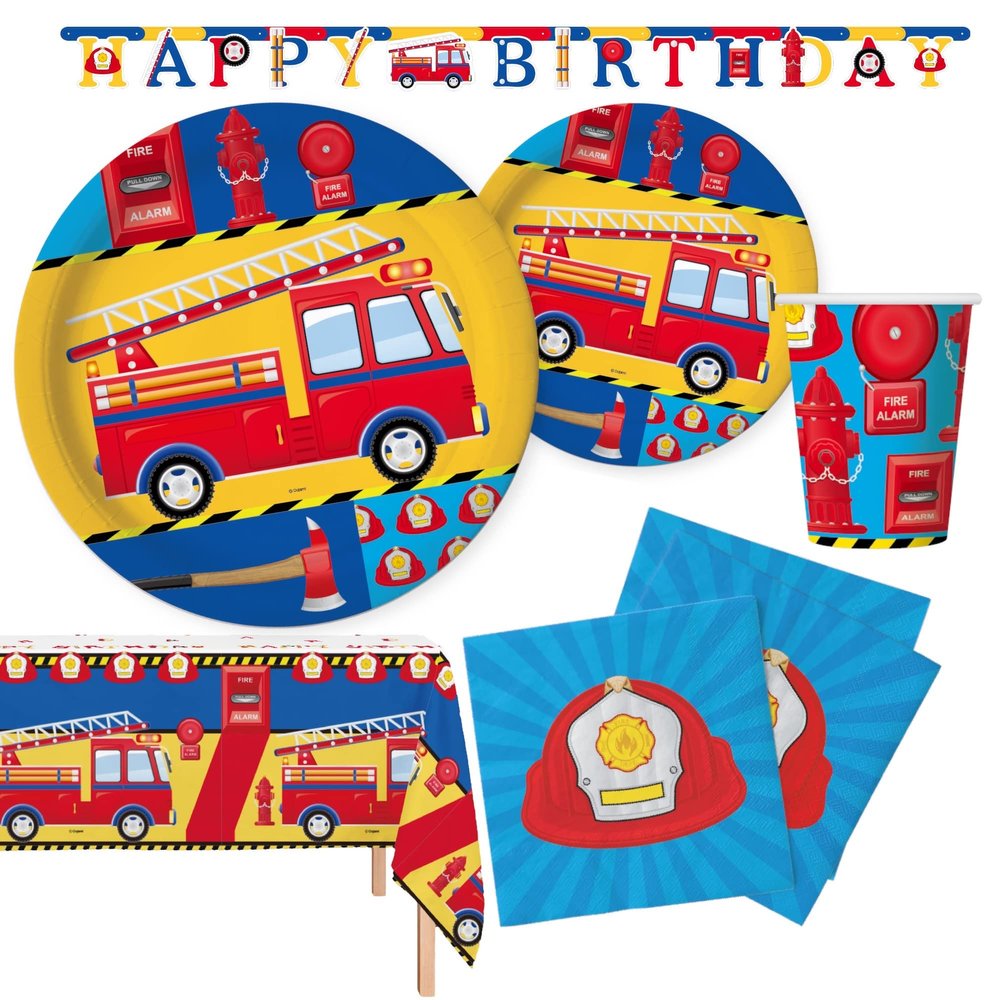 Oojami Fire Truck Birthday Party Decorations for 24 Guests  Firefighter Party Supplies Set with Plates, Cups, Napkins, 2 Table Covers & Happy Birthday Banner  Firetruck Themed Birthday Decor