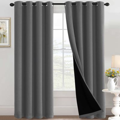 100% Blackout Curtains Thermal Insulated Full Blackout Grommet Curtains for Living Room Energy Efficiency Window Drapes for Bedroom with Black Liners (1 Panel, 52x84 Inch, Grey)