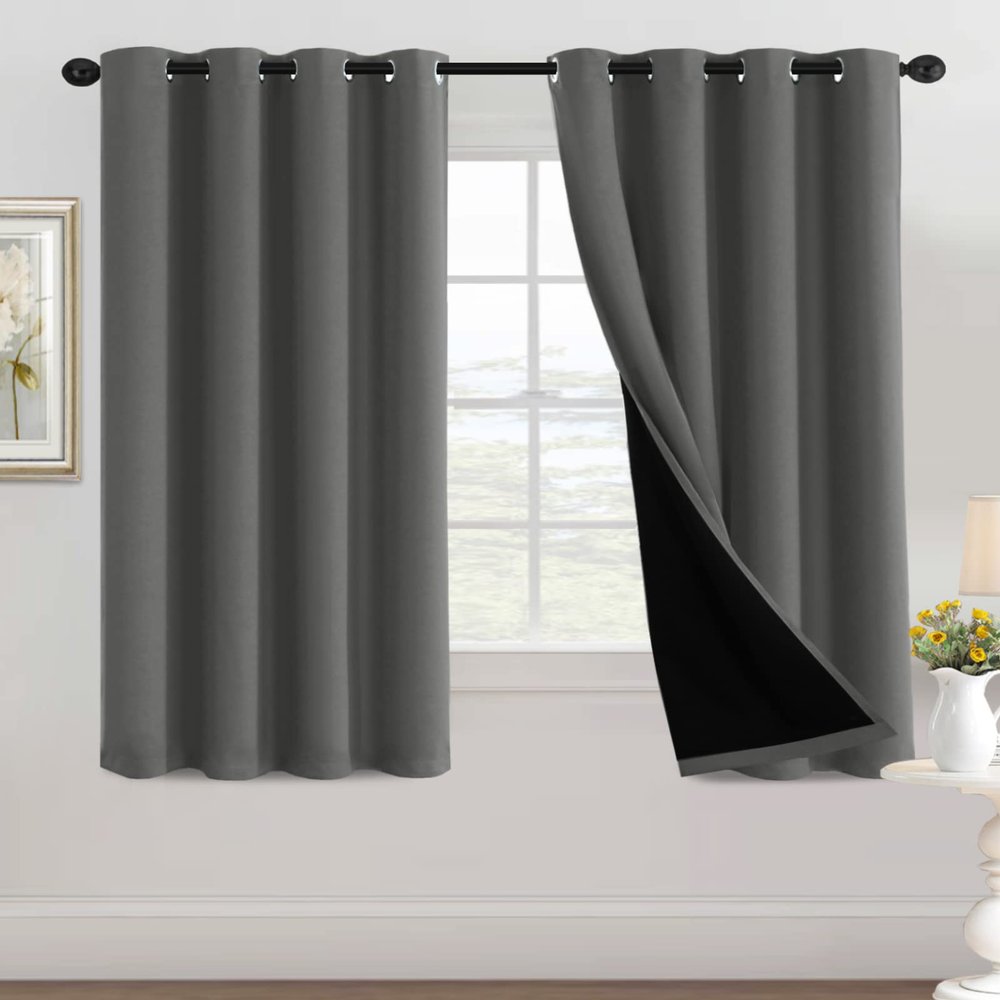 100% Blackout Curtains Thermal Insulated Full Blackout Curtains for Living Room Energy Efficiency Window Drapes for Bedroom with Black Liners (1 Panel, 52x63 inch, Grey)