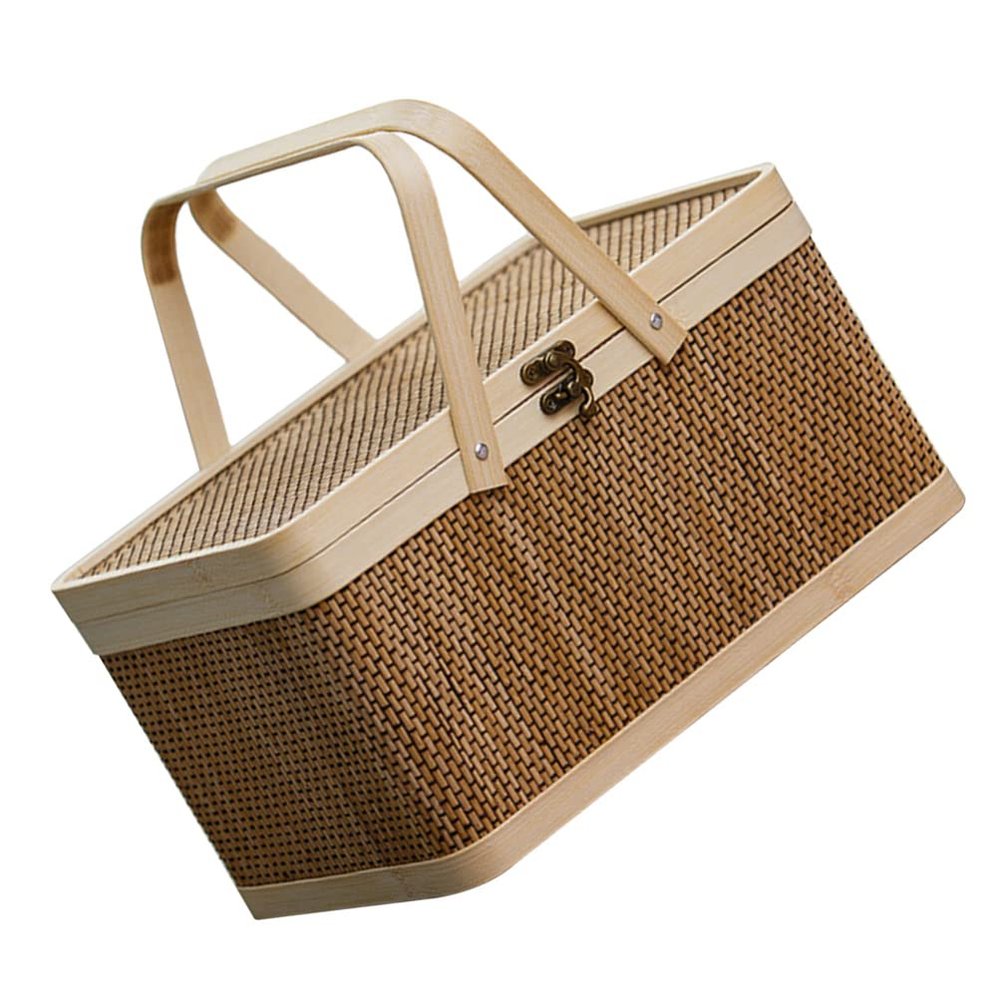 jojofuny Heart Picnic Basket Woven Lid Insulated Bamboo Storage Basket for Camping